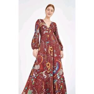 FARM Rio Borogodo Burgundy Maxi Dress Size S Long Sleeve Ojo Eye Pineapple